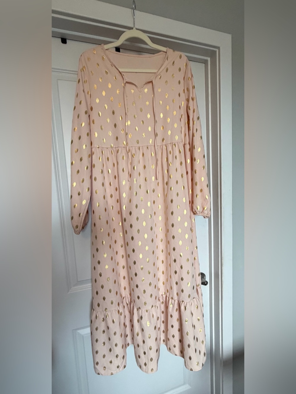 Blush Pink Gold Foil Polka Dot Tiered Maxi Dress Long Sleeve Size L